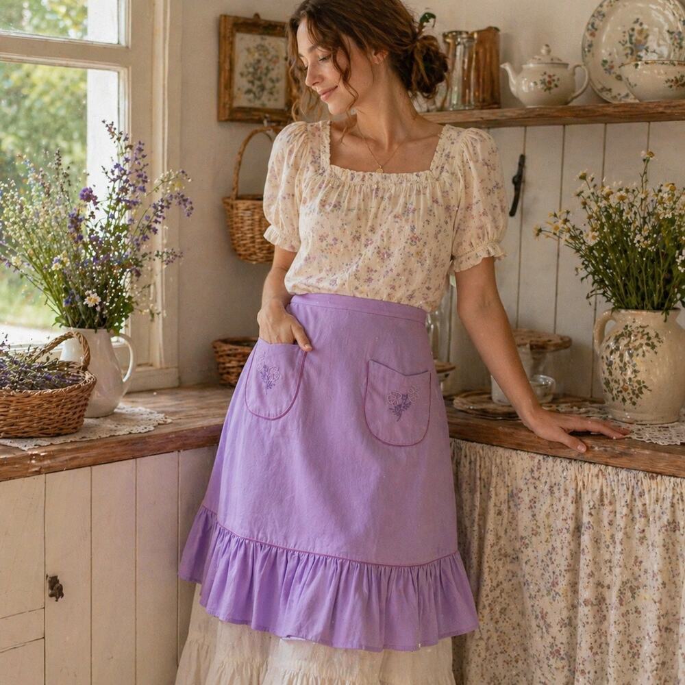 Lavender Floral Embroidered Half Apron Ruffle Waist Tie Cottagecore